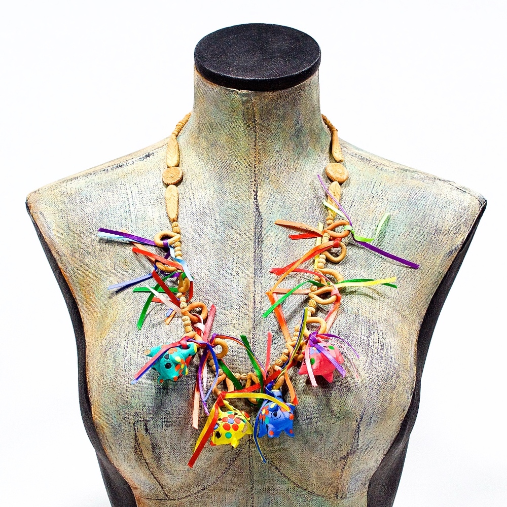 VTG 80's Mexican Fiesta Ceramic Piggy Necklace